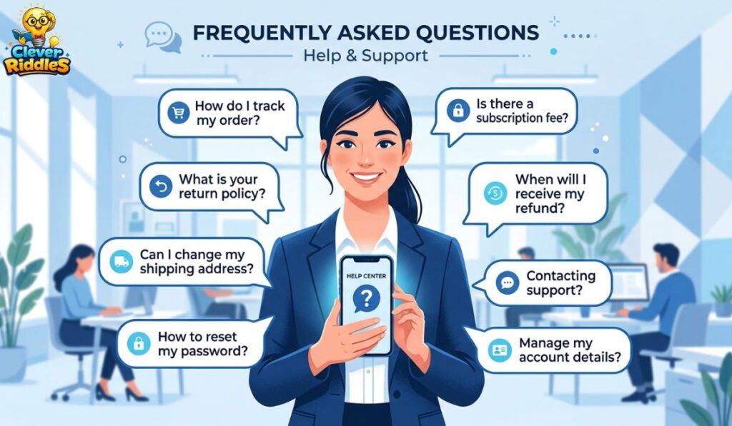 Frequently Asked QuestionsModern FAQ concept design showing a person holding a smartphone with a question mark icon on screen. Speech bubbles with common questions floating around. Clean, minimalist style with blue and whi