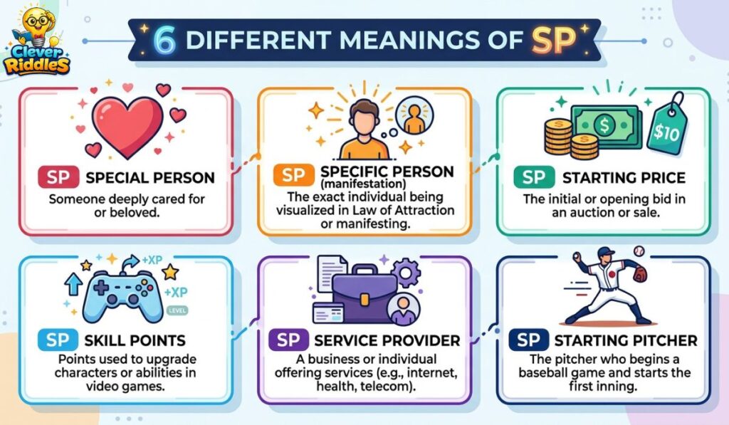 SP meaning decoder infographic showing relationships, manifestation, British slang, gaming, business, and sports contexts